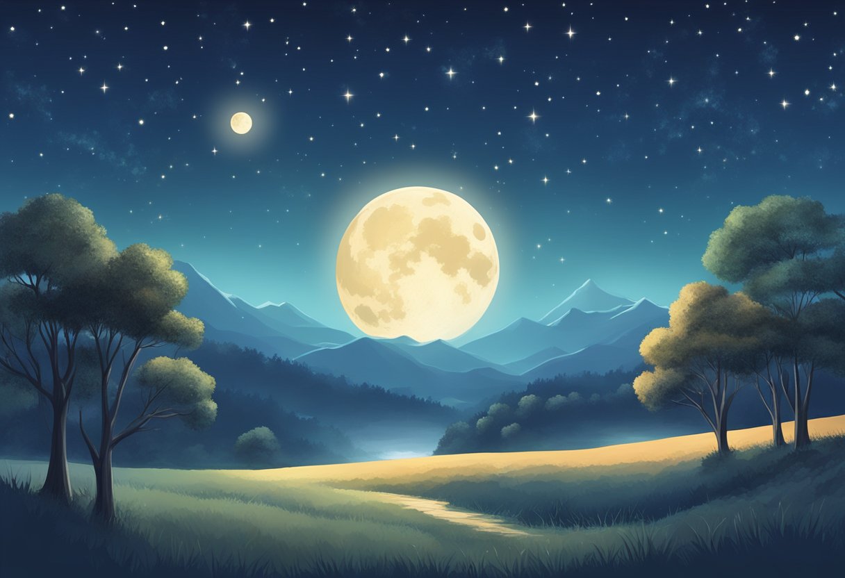 A serene night sky with twinkling stars and a full moon, casting a soft glow over a tranquil landscape