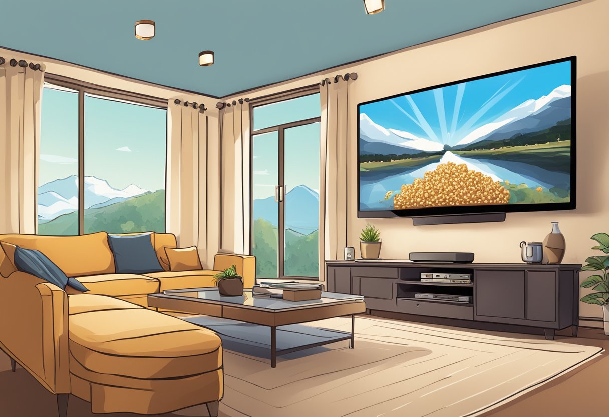 A cozy living room with a large flat-screen TV displaying the Sky Select interface. A person's perspective from the sofa, with a bowl of popcorn and a remote control on the coffee table