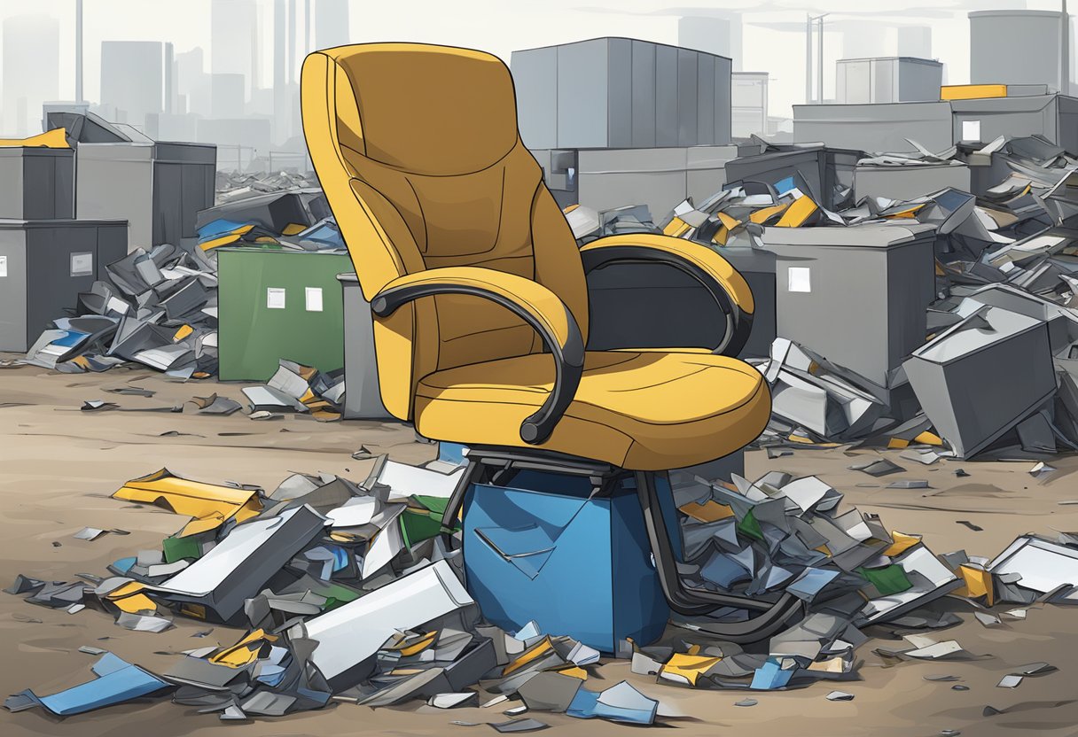 An office chair being disposed of in a recycling center or landfill