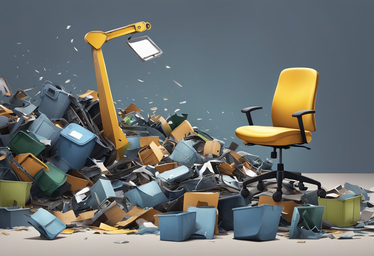 A broken office chair being disposed of in a recycling center